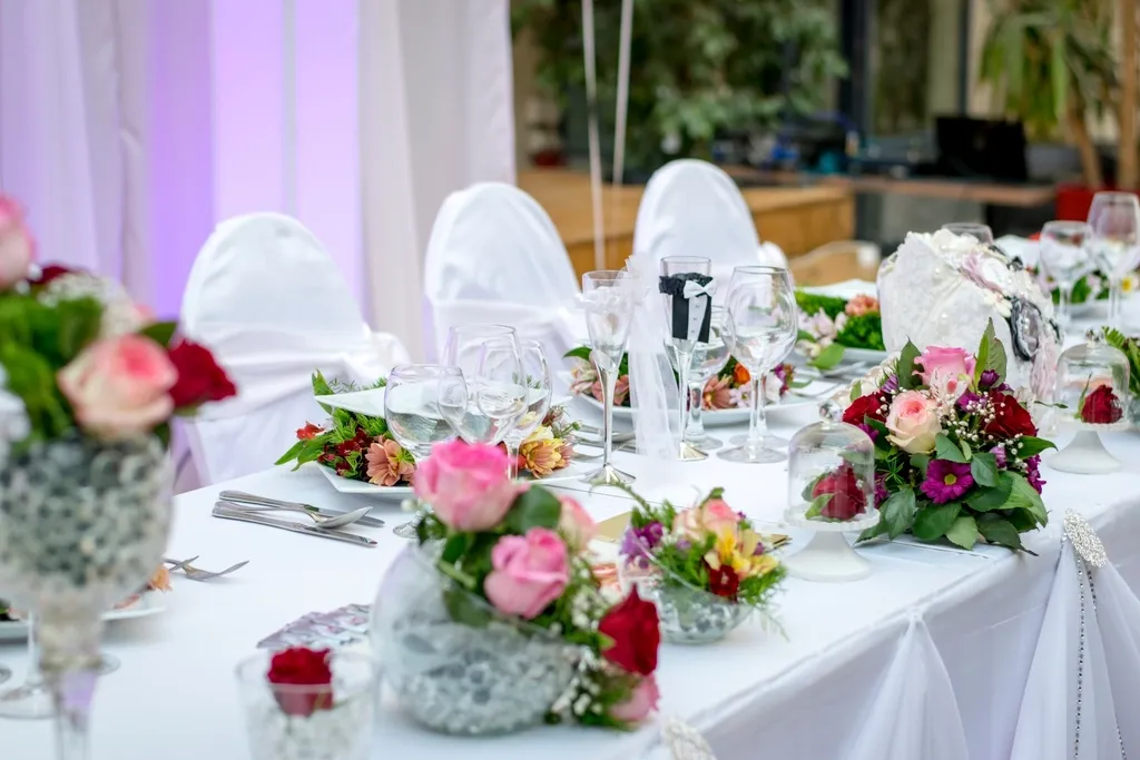 Mesa de festa com arranjos de rosas